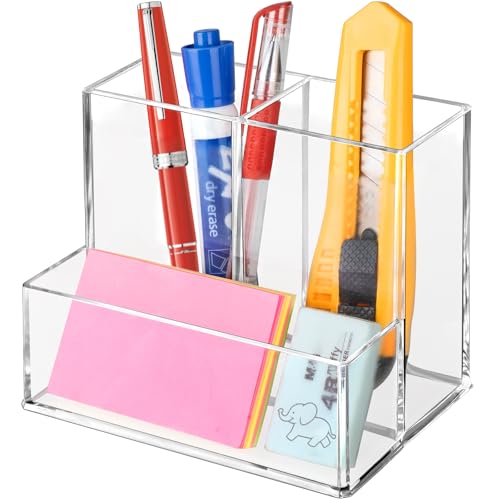 Banafich Clear Acrylic Pen Holder with 3 Compartments for Desk & Office