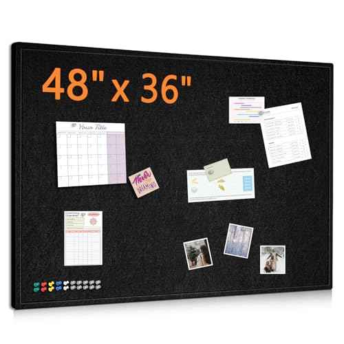 DOLLAR BOSS Large Bulletin Board 48" x 36" Foldable Felt Cork Board, Decorative Pin Board for Wall 4' x 3' Photo Display Board for Halloween Christmas Decor Office Home School with 20 Pins, Black