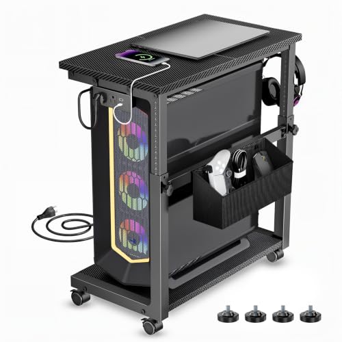 Adjustable Computer Tower Stand, 18.1–31.5 in, 120 lb Capacity with 5-in-1 Power Strip