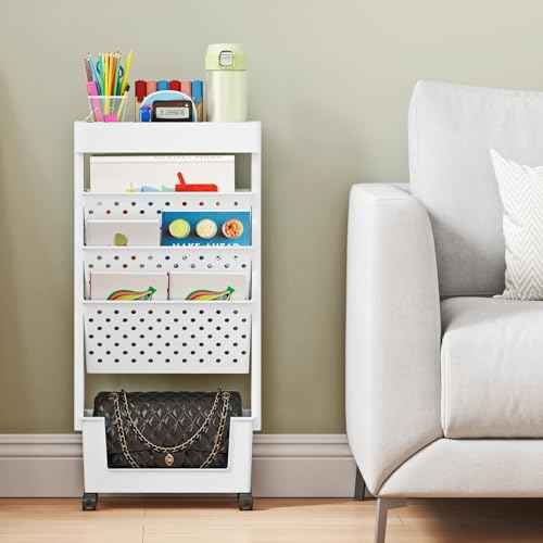 BYFU 5-Tier Movable Bookshelf Cart, Rolling File Paper Storage Organizer Mobile Bookcase with Wheels for Home Office Study Classroom, White