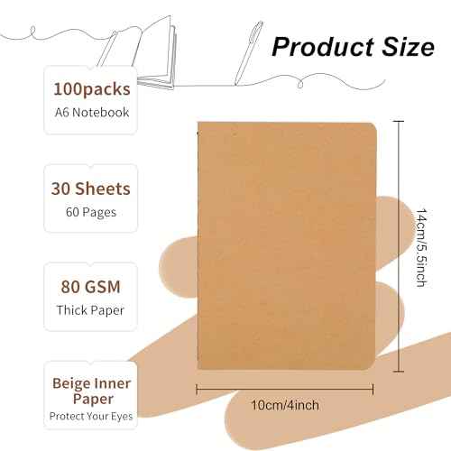 100 Packs Kraft Small Blank Notebooks, Unlined Mini A6 Journals Bulk, Blank Notepads for Kids Student Back to School, Office, Sketching, Drawing, Writing Supplies, 5.5" X 4", 30 Sheets/60 Pages