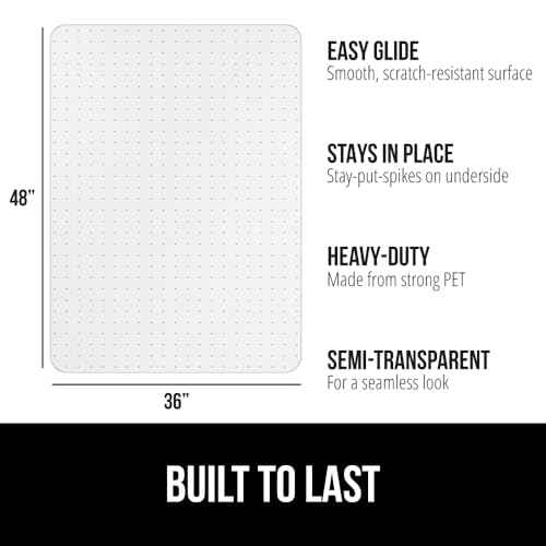 GORILLA GRIP Slip Resistant Office Chair Mat for Carpet Floors, 36x48 Smooth Glide Under Desk Carpeted Floor Protector, Heavy Duty Plastic Computer Mats for Rolling Work and Gaming Chairs, Clear