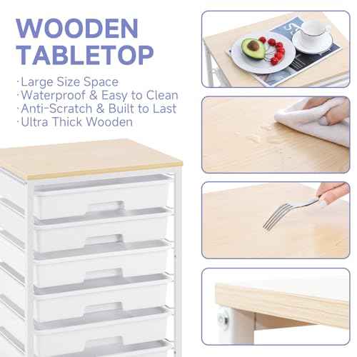 Rolling Cart with Drawers,Utility Cart with 6 Drawers,Rolling Storage Cart with Drawers and Wooden Tabletop & Lockable Wheel,White