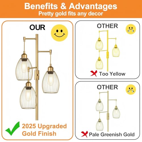 Torondo Dimmable Floor Lamp, Industrial Floor Lamps for Living Room, Gold Tree Lamp Standing Lamp Tall Lamps with 3 Elegant Teardrop Cage Head & 800 Lumens LED Bulbs for Living Room Bedroom Office
