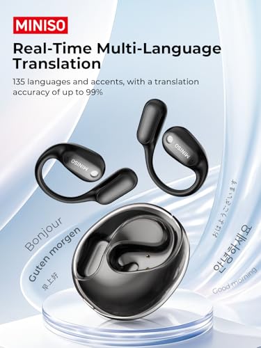 MINISO Black Language Translator Earbuds, Real-Time AI Translation, 135 Languages, Bluetooth 6.0, 60H Playtime, Open-Ear Headphones for Business