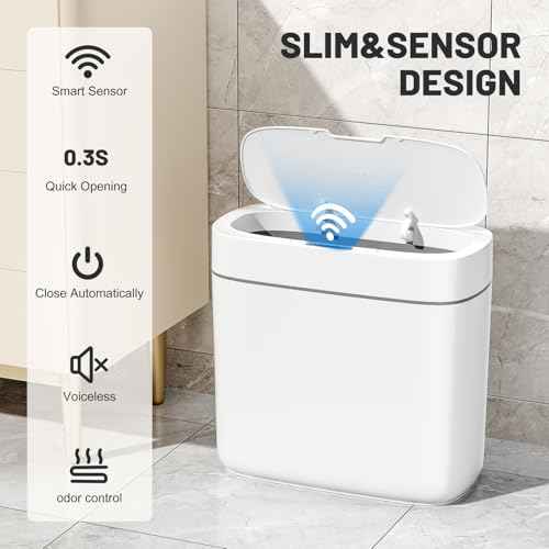 3.5 Gal Motion Sensor Bathroom Trash Can with Lid, Automatic Trash Can Small Smart Garbage Can Touchless, Waterproof Slim Trash Bins for Bedroom Office Kitchen