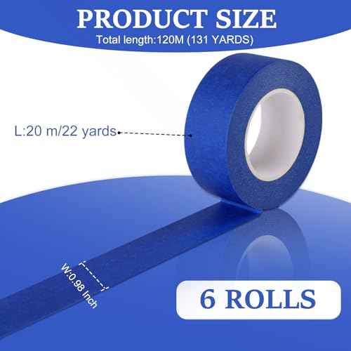6 Rolls Blue Painters Tape, Multi-Surface Masking Tape, 132 Yd Premium Paint Tape for Use in Wall Painting, DIY Art Creation, Automobiles, Drafting, and Furniture (0.98 in x 22 Yd x 6)