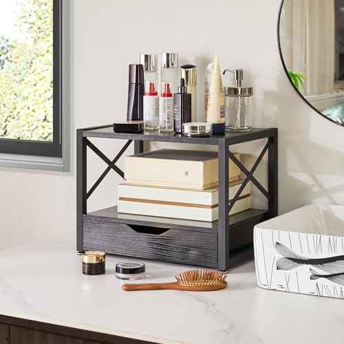 IBUYKE 2 Tier Desktop Printer Stand,Multi-Purpose Desk Organizer,Wooden Printer Stand with Drawer Storage for Folders,Books,for Fax Machine, Scanner,Home Office,Black TLJ006B