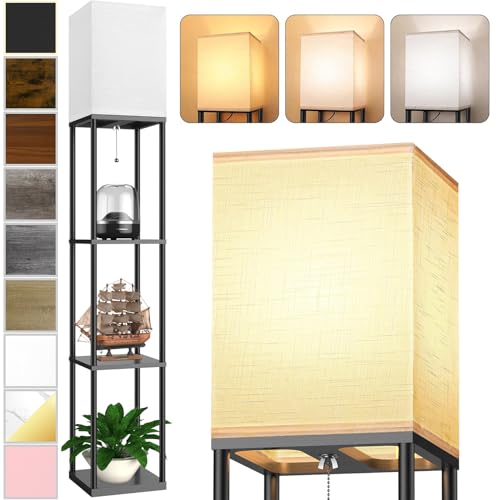 PARTPHONER Black Floor Lamp with Shelves, 3-CCT LED Bulb, White Linen Shade