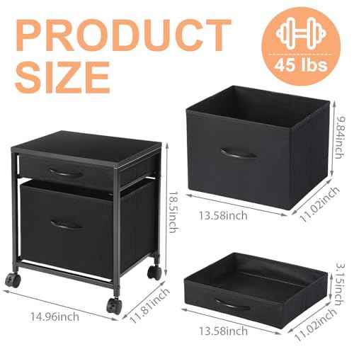 Rolling Mobile File Cabinet Cart with 2 Fabric Drawers A4 Letter Size Beside, Vertical Filing Cabinet on Lockable Wheels, Mobile Printer Stand Storage Under Desk for Home Office(Black)