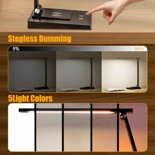 LED Desk Lamp, Dimmable Table Lamp with 5 Color Temperatures & Touch Control, Foldable Reading Light for Home Office, Study, and Nightstand