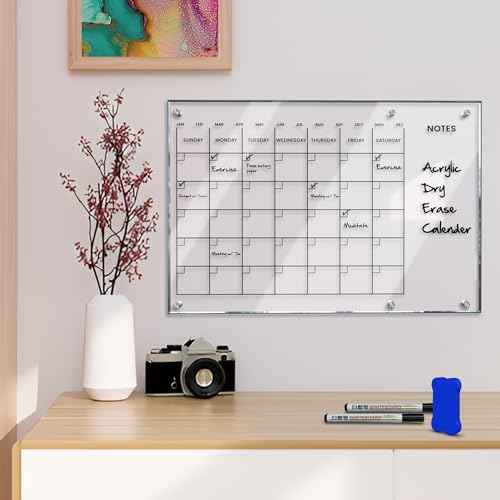 Devoo Acrylic Wall Calendar, Dry Erase Monthly Planner Board Back To School Clear Glass-Look Acrylic Calendar with Markers, Eraser & Mounting Kit (black and grey, 23 * 16)