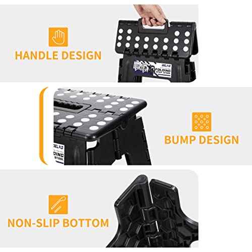 Delxo 16 Inch Folding Step Stool,Foldable Stool for Adults with Safety Lock,Portable Collapsible Plastic Stepstool,Non Slip Folding Stools for Kitchen Bathroom Bedroom Up to 400LBS,(Black 1PC)