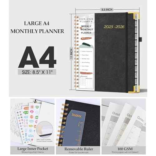 Academic Planner 2025-2026, Weekly and Monthly Calendar Planner from July 2025 - June 2026, 8.5" x 11" Hardcover Leather Hourly Appointment Book with Tabs, Spiral Daily Planners for College School Teacher Student, Black