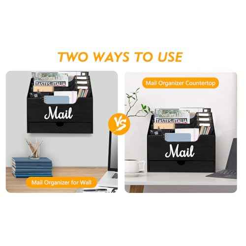 Wood Desktop Mail Organizer, Mail Organizer Countertop with 4 Compartments and Drawer, Wood Mail Holder Sorter Organizer Holder for File Letter Paper Folder, Black Wooden Desk Organizer