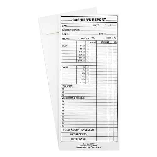 500 Cashier Depot - Cashier¡¯s Report Envelopes MT235 ? 4 1/2" x 10 3/8", White 24lb Paper, Cash Deposit Report, Money Envelopes for Retail, Restaurants, Hotels, Small Business (500 Envelopes)