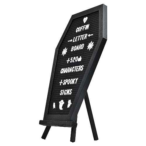 Coffin Letter Board - 520 Characters Spooky Halloween Characters with Wooden Stand and Canvas Bag - 16x11 Inches - Felt Message Board for Home Office Halloween Supplies & Decor (Black)