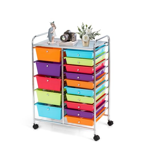 DREAMADE 15-Drawer Rolling Cart with Lockable Wheels, Multi-Color 25"L x 14.5"W x 34.5"H