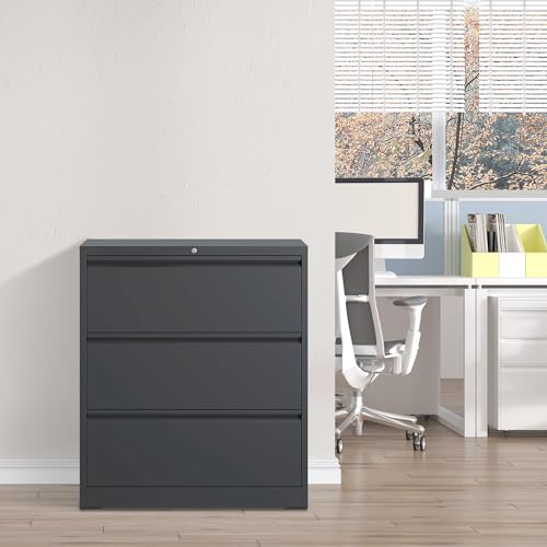 OPTYMIRA 3-Drawer Locking Lateral File Cabinet, Black, 40.4" H