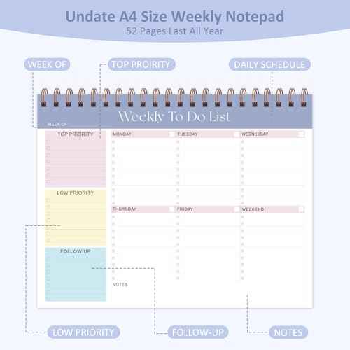 Weekly To Do List Notepad with 52 Undated Sheets (8.5"¡¿11"), Desk Weekly Planner Notepad for Office Desk Accessories and School Supplies (Purple)