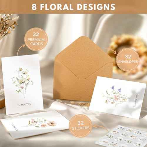 Thank You Cards with Envelopes - 32 Pack Wildflower Blank Cards With Adhesive Envelopes & Matching Stickers Perfect for Wedding, Bridal Showers, Baby Showers,Birthday, All Occasion