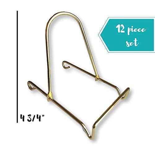 BANBERRY DESIGNS Adjustable Sliding Easels - Smooth Brass Finish Sliding Easels - Set of 12 - Plate Stand - Picture Displayer - Bowl Holder - 4.75" H x 3.5" L