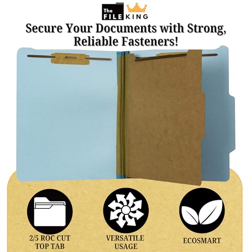 The File King Pressboard Classification Pale Blue Partition File Folder | Legal Size - Box of 10 | Two Dividers | Six 2¡± Durable Fastener Prongs | 2/5 Cut Top Tab | 2¡± Expansion