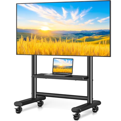 Heavy Duty Rolling TV Stand for 50-98 Inch TVs, Holds up to 200 Lbs — TVON with 1 Shelf, Mobile TV Cart