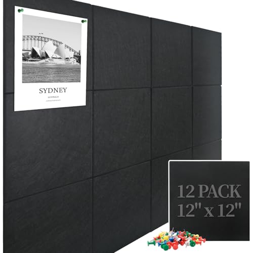 Large Cork Board Felt Wall Tiles, 47"x35" 12 Pack Felt Bulletin Board Pin Board with 48 Safe Removable Adhesive Tabs, 60 Push Pins, Alternative Cork Board for Walls Home Office