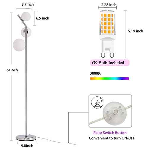 Modern Floor Lamp, LED Standing Tall Pole Lamp with Glass Shade, Elegant Mid Century Modern Floor Lamps for Living Room,Bedroom,Office,3 Lights (Bulbs Included)