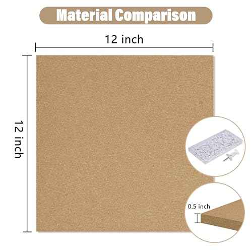 Cork Board Bulletin Board 12x12,1/2" Thick Cork Board Tiles 12 Pack, Self-Adhesive Small Square Pin Board for Walls, Corkboards for Office Home School Message/Vision Board Decoration.