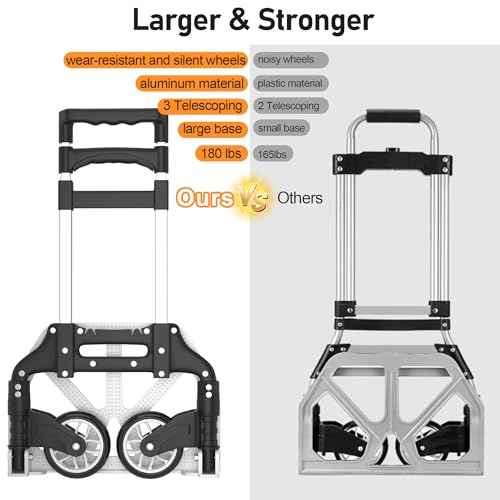 Folding Hand Truck - Aluminum Portable Dolly Cart with Telescopic Handle, Bungee Cord - Compact Lightweight Foldable Luggage Cart for Moving, Home, Auto, 180lbs, Black