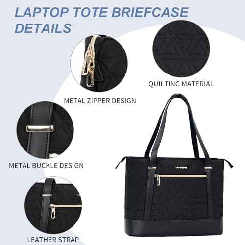 VANKEAN Laptop Bag for Women, 15.6 Inch Work Bag Waterproof Computer Shoulder Bag with USB Port, Large Tote Bag for Work Business Travel, Quilted Black