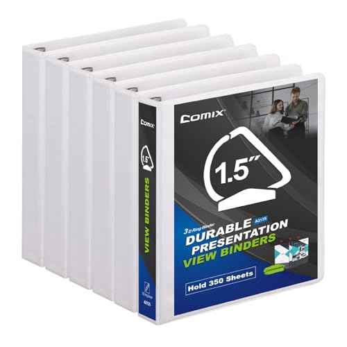 Comix Sturdy 1.5 Inch D-Ring Binders, 1.5'' 3 Ring Binder with Clear View Cover, 1-1/2 Inch Rings Holds 350 Sheets of 8.5" x 11" Paper, 6 Packs (White)