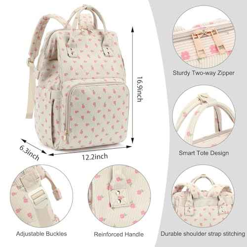 Women Corduroy College School Backpack Bookbag, 15.6 Inch Travel Laptop Backpack Casual Daypack (Flowers Pink)