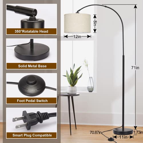 Seaside Village Black Arc Floor Lamp with Adjustable Drum Shade for Living Room & Bedroom