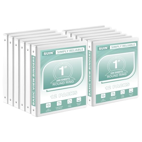 SUIN 1-Inch 3-Ring-Binder 12 Pack - Clear View Cover for US Letter 8.5 x 11 in Office & School (White)