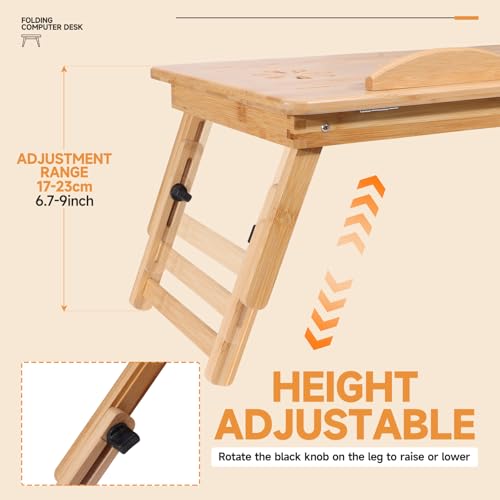 Adjustable Bamboo Laptop Desk with Cooling Fan, Foldable Bed Tray for Work & Dining
