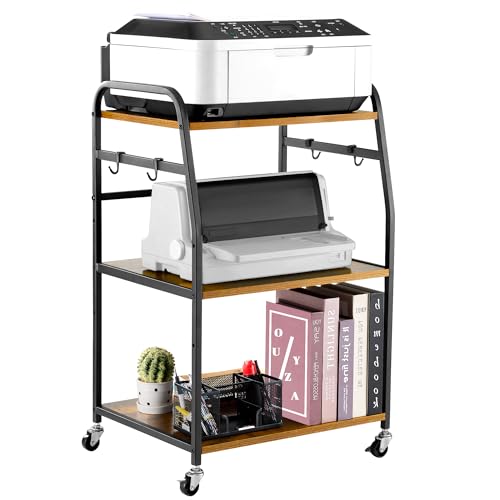 Printer Stand - Large 3 Tier Printer Table with Adjustable Storage Shelf - Rolling Cart with Wheels -Stable Desk for Home Office Use (Rustic Brown)