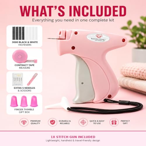 Premium Stitch Gun for Clothes – No-Sew Handheld Tagging & Hemming Tool with 6 Needles, 1,500 Black & 1,500 White Fasteners