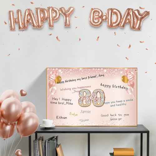 Large 80th Birthday Card With Envelope for Women, Pink Rose Gold The Year 1945 Happy 80th Birthday Giant Guest Signature Book Gift, Extra Big Eighty Greeting Card Decoration Party Supply