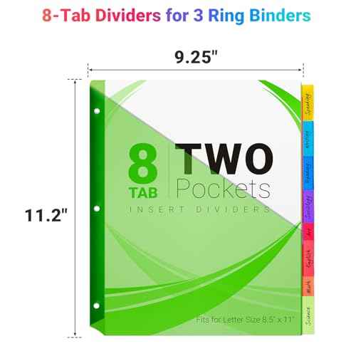 8-Tab Dividers for 3-Ring Binders, 16 Counts 3 Holes Index Dividers with 2 Pockets, Insertable 8 Tabs Binder Divider for 1/2''/1''/2''/3'' inch Binders, 8 Colors (2)