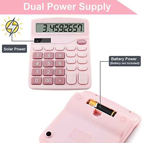 Office Desk Calculator with Solar Power, 12 Digits Large LED Display, Calculators Desktop with Big Buttons, Pink Office Home School Supplies (Pink)