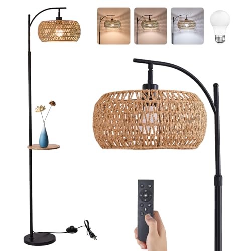 Black Floor Lamp for Living Room, Boho Rattan Floor Lamp with Shelf Farmhouse Standing Lamp with 3 Color Temperature, Arc Cornor Tall Lamp for Bedroom Office,Remote & Dimmable LED Bulb Included.