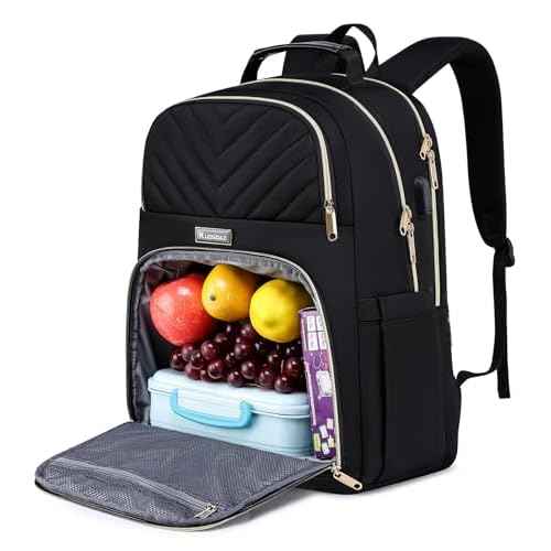 Lunch Backpack for Women, Water Resistant Insulated Cooler Lunch Bag, 15.6 inch Laptop Backpacks with USB Port, Picnic Backpack with Lunch Box for College Work Camping Beaches, Black