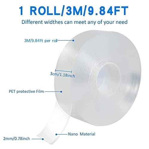Double Sided Tape Heavy Duty, Multipurpose Removable Mounting Tape Adhesive, Reusable Strong Stick Wall Tape Strip Clear Adhesive for Poster Carpet Tape Sticky Items-(9.84 feet)-White (A2)