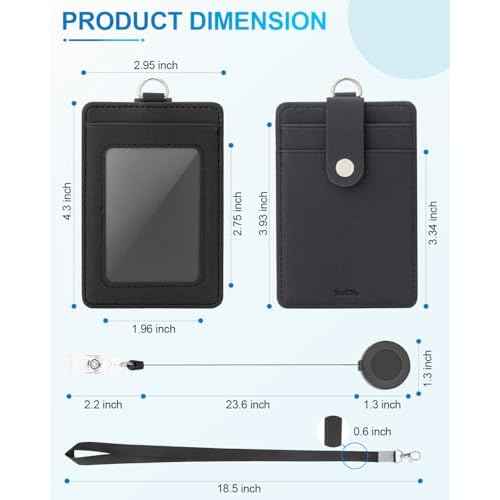 PU Leather Badge Holder with Lanyard, Black Lanyard with Retractable Reel Clips, Multiple Card Slots with Leather Snap, ID Badge Holder for Office Staff Doctor Teacher