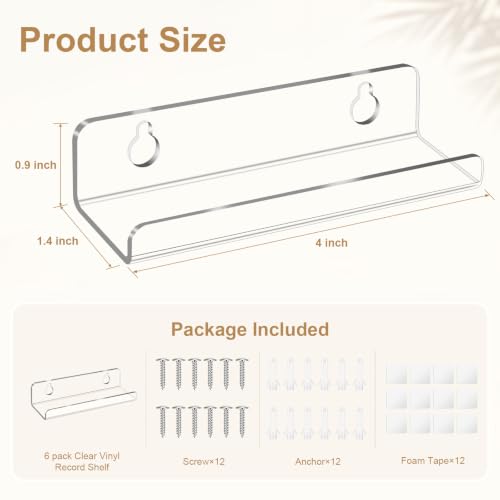 Ansndam 6-Pack 4-Inch Clear Acrylic Vinyl Record Wall Mount Shelf