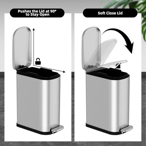 KSSKSS Silver 2.6 Gallon Slim Stainless Steel Trash Can with Soft Close Lid