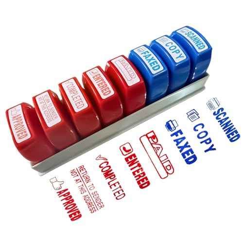 8PCS Office Stamps Set, Rubber Business Stamp in Red and Blue Ink, Copy Paid Scanned Faxed Approved Completed Message Work Stamp with Storage Tray, Christmas Gifts for Finance Staff